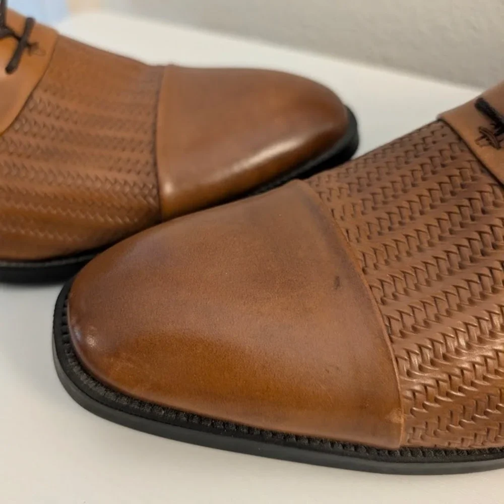 Kenneth Cole Ticket-S Oxford Shoes Mens 12M Cognac‎ Brown Cap Toe Woven EUC